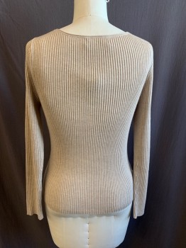 Womens, Pullover, BANANA REPUBLIC, Beige, Rayon, Polyester, Solid, Heathered, M, V-N, L/S, Ribbed