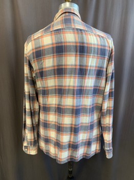 Mens, Casual Shirt, RR, White, Slate Blue, Gray, Peach Orange, Cotton, Plaid, XL, Collar Attached, Button Front, Long Sleeves, 2 Chest Pockets