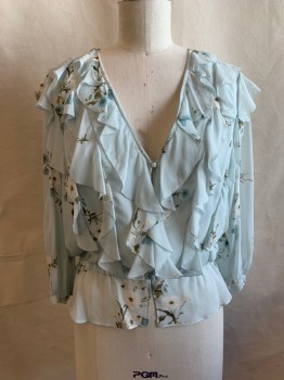 JOIE, Sea Foam Green, Off White, Olive Green, Lt Blue, Silk, Polyester, Floral, V-neck, Long Sleeves, Button Front, Elastic Waistband, Ruffles Down Front