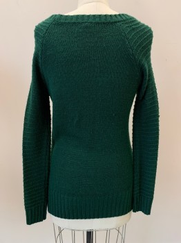Womens, Pullover, NY COLLECTION, Emerald Green, Acrylic, Cable Knit, XS, L/S, Wide Neck