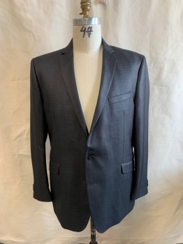 Mens, Suit, Jacket, KENNETH COLE, Navy Blue, Iridescent Gray, Polyester, Rayon, Check , 48L, Single Breasted, 2 Buttons, 3 Pockets, Notched Lapel, Double Vent, Slim