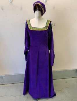 SOFI'S STITCHES, Purple, Cotton, Solid, Velvet, Multicolor Green Ribbon Trim with Gold Metallic Gimp, Square Neck, ***Detachable Sleeves (Non Coded), Lace Up at Sides,