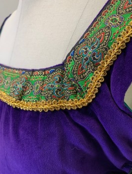 Womens, Historical Fiction Dress, SOFI'S STITCHES, Purple, Cotton, Solid, W26-30, B34-6, Velvet, Multicolor Green Ribbon Trim with Gold Metallic Gimp, Square Neck, ***Detachable Sleeves (Non Coded), Lace Up at Sides,