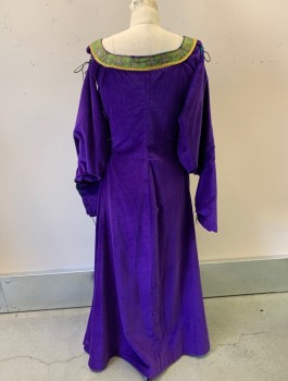 SOFI'S STITCHES, Purple, Cotton, Solid, Velvet, Multicolor Green Ribbon Trim with Gold Metallic Gimp, Square Neck, ***Detachable Sleeves (Non Coded), Lace Up at Sides,
