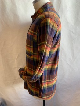 BURTON, Brown, Orange, Goldenrod Yellow, Olive Green, Navy Blue, Cotton, Plaid, Button Front, Collar Attached, Long Sleeves, 2 Pockets,