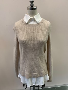 Womens, Pullover Sweater, BLOOMINGDALE'S, White, Lt Beige, Cashmere, Polyester, Solid, S, L/S, CN, Waffle Knit, White C.A