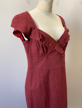 Womens, Dress, Short Sleeve, NANETTE LEPORE, Cranberry Red, Red Burgundy, Wool, Nylon, Speckled, Sz.8, Cap Sleeves, Sweetheart Neck with Surplice/Wrapped Detail, Self Ruffle at Neckline, Empire Waist, 3" Wide Self Waistband, Straight Cut Through Hips, Knee Length, Invisible Zipper in Back