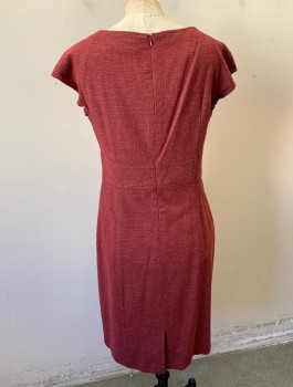 Womens, Dress, Short Sleeve, NANETTE LEPORE, Cranberry Red, Red Burgundy, Wool, Nylon, Speckled, Sz.8, Cap Sleeves, Sweetheart Neck with Surplice/Wrapped Detail, Self Ruffle at Neckline, Empire Waist, 3" Wide Self Waistband, Straight Cut Through Hips, Knee Length, Invisible Zipper in Back