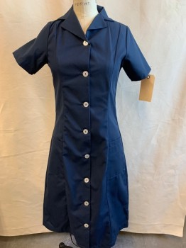 EWC, Navy Blue, Poly/Cotton, Solid, Button Front, Collar Attached, Short Sleeves, 2 Patch Pockets