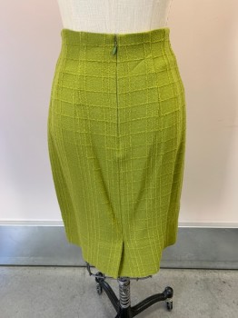 Womens, 1990s Vintage, Suit, Skirt, TERI JON SUITS, Chartreuse Green, Wool, Plaid, Textured Fabric, W24, Self Plaid, Pencil Skirt, Zip Back, Hem Below Knee, Slit Back