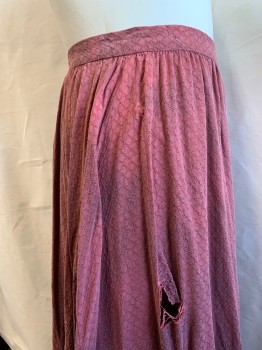 Womens, Historical Fiction Skirt, MTO, Faded Red, Rayon, Geometric, W38, Aged, Gathered with Fixed Waistband with Hook Eye and Snap Closure, Raised Self Pattern, Ragged Hem, Multiples Differently Aged