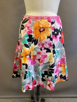 Womens, Skirt, Knee Length, LILY, Multi-color, Fuchsia Pink, Orange, White, Teal Green, Cotton, Lycra, Floral, S, 2 Thin Rows Of Pink Grosgrain At Waist With White Stitching, Vertical Panels, Flared With Godet Panels At Hem, Invisible Zipper At Side