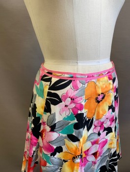 Womens, Skirt, Knee Length, LILY, Multi-color, Fuchsia Pink, Orange, White, Teal Green, Cotton, Lycra, Floral, S, 2 Thin Rows Of Pink Grosgrain At Waist With White Stitching, Vertical Panels, Flared With Godet Panels At Hem, Invisible Zipper At Side