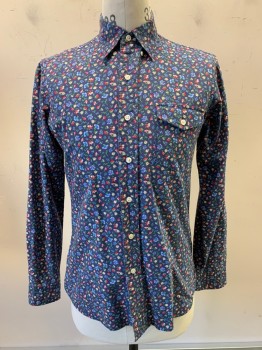 Ralph Lauren, Navy Blue, Red, Blue, Lime Green, Lt Yellow, Cotton, Floral, L/S, Button Front, Collar Attached, Chest Pocket