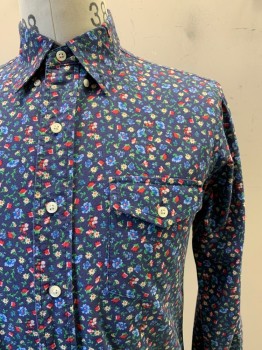 Ralph Lauren, Navy Blue, Red, Blue, Lime Green, Lt Yellow, Cotton, Floral, L/S, Button Front, Collar Attached, Chest Pocket