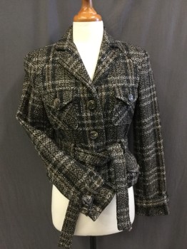 Womens, Casual Jacket, BCBG, Tan Brown, Brown, Black, Gray, Wool, Rayon, Tweed, Plaid, S, Button Front, Notched Lapel, 4 Flap Pocket, Cropped, Belt Loops, and Matching BELT, Belt Loops on Sleeve Cuffs and Little Sleeve Belts
