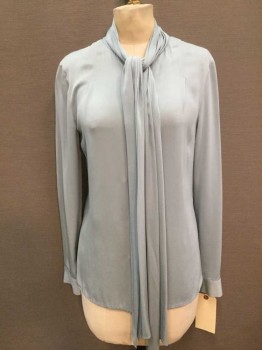 DVF, Aqua Blue, Silk, Spandex, Solid, Aqua, Pleated Layers Collar Attached W/self Neck-tie,Button Front, Long Sleeves, (3 Brown Spots Stained On Right Sleeve) 