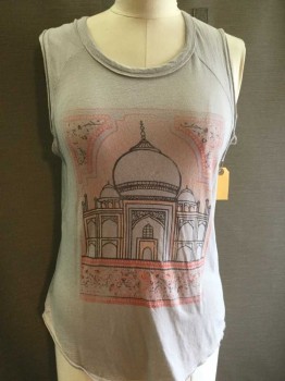 LUCKY LOTUS, Lt Gray, Dk Brown, Peach Orange, Cotton, Floral, Abstract , TOP: Aged/Distressed,  Light Gray W/dark Brown Taj Mahal, Round Neck,  Raglan Sleeveless, See Photo Attached,