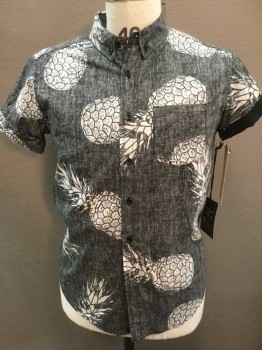BKLYN ATHLETICS, Gray, White, Black, Cotton, Novelty Pattern, Striated Gray with White Pineapple Print, Button Down Collar, Button Front, Rolled Short Sleeve