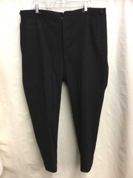 NO LABEL, Black, Wool, Solid, Flat Front, Button Fly with Clasp, Suspender Buttons, Side Pockets, 1 Back Pocket with Button, Back Adjustable Buckle, Seam Coming Apart At Back Center, Holes In Fabric