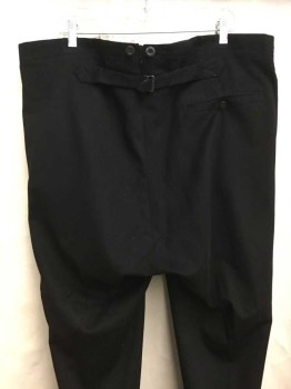 NO LABEL, Black, Wool, Solid, Flat Front, Button Fly with Clasp, Suspender Buttons, Side Pockets, 1 Back Pocket with Button, Back Adjustable Buckle, Seam Coming Apart At Back Center, Holes In Fabric