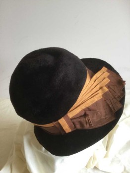 N/L, Black, Goldenrod Yellow, Brown, Wool, Silk, Solid, Plush Wool, Brown and Goldenrod Silk Ribbon Band, Round Crown with 2" Wide Brim, Black Linen Lining **Bar Code On Inside Of Lining,
