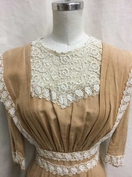 N/L, Lt Brown, Cream, Linen, Cotton, Solid, Light Brown Linen, 3/4 Sleeves, Cream Crochet Trim At Cuffs, 2 Stripes At Waist, and At Diagonal Edges Of Collar/Chest Panel, Cream Sheer Net and Lace Inset At Neck, Round Neck, Gathered At Bust, Floor Length Hem, **Has Light/Sun Fading At Shoulders, Mended At Center Front On Skirt, At Mid Thigh Level (above Knees),