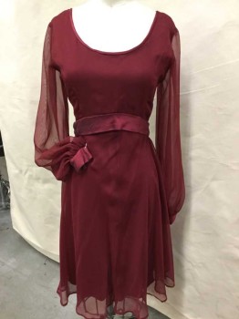 Womens, Cocktail Dress, N/L, Wine Red, Synthetic, Solid, 26, 30, L/S, Round Neck, 2" Waist Band, Satin Trim, Flared Bias Cut Skirt, Zip Back