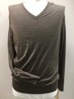 Mens, Pullover Sweater, ZEGNA, Brown, Cashmere, Silk, Solid, XL, V-neck, Long Sleeves,
