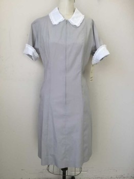 HOUSE OF UNIFORMS, Lt Gray, White, Polyester, Solid, Multiples, Zip Front, A-line, White Eye and Ruffled Collar Attached, Short Sleeves with White Eyelet and Ruffle Trim
