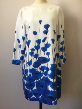 Womens, Dress, Long & 3/4 Sleeve, BROOKS BROTHERS, White, Royal Blue, Black, Silk, Floral, 8, Round Neck,  3/4 Sleeves, Zip Back, Lined, Double,