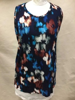 SIMPLY VERA, Navy Blue, Rust Orange, Turquoise Blue, White, Rayon, Floral, Sleeveless, Scoop Neck,