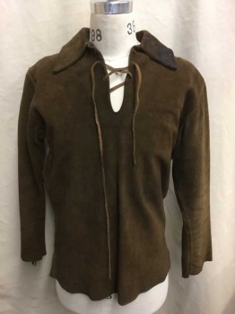 Mens, Historical Fiction Shirt, N/L, Brown, Leather, Solid, M, Long Sleeve Pullover, Collar Attached, Leather Thong Lace Up Ties At Neck, Hidden Zipper At Side Hem, Self Fringe At Bottom Of Outseam Of Sleeve, Daniel Boone-esque, Has Blood Stain/Stain Of Some Sort On Collar