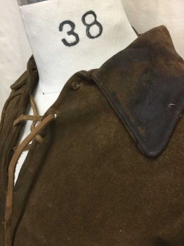 N/L, Brown, Leather, Solid, Long Sleeve Pullover, Collar Attached, Leather Thong Lace Up Ties At Neck, Hidden Zipper At Side Hem, Self Fringe At Bottom Of Outseam Of Sleeve, Daniel Boone-esque, Has Blood Stain/Stain Of Some Sort On Collar