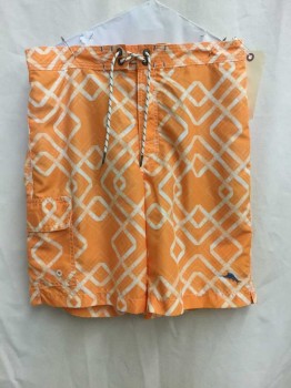 Mens, Swim Trunks, RELAX, Orange, White, Synthetic, Geometric, W32-34, M, Lace Front Closure, Elastic Back, Zip Fly, Cargo Pckt, Back Flap Pckt,