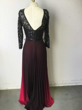 Womens, Evening Gown, MARIA CRISTINA, Black, Cranberry Red, Polyester, Spandex, Ombre, S, Black Sequin Mesh Over Black Solid Sweetheart Neck, Scoop Neck & 3/4 Sleeve Mesh, Accordion Pleated, Floor Length Hem, Belt Loops, Deep V Back, Back Zip