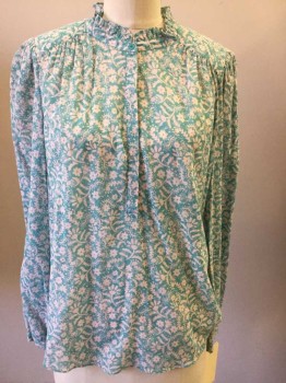 Womens, Top, REBECCA TAYLOR, Lt Pink, Turquoise Blue, Sea Foam Green, Cotton, Floral, 10, Long Sleeves, Self Ruffeled Collar Band, Hidden Button Placket, Pull Over,