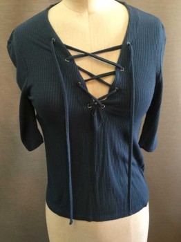 Womens, Top, TOPSHOP, Dk Blue, Viscose, Spandex, Solid, 6, Rib Knit Jersey, 3/4 Sleeve, Self Lace Up Detail at V-neck