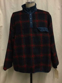 Mens, Casual Jacket, SOUTHERN PROPER, Navy Blue, Blue, Red, Brown, Cotton, Polyester, Plaid-  Windowpane, XL, Navy with Blue/red/brown Window Pane, Navy Collar Attached, Button Neck, 1 Flap Pocket