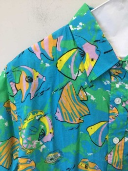 TIPSY ELVES, Turquoise Blue, Yellow, Orange, Black, Pink, Cotton, Novelty Pattern, Tropical Fish Print Green & Blue Background with Pink, Orange & Yellow Fish. Short Sleeves, Button Front, Collar Attached, 1 Pocket,