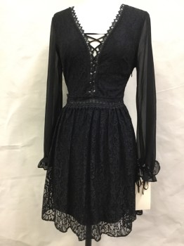 Womens, Dress, Long & 3/4 Sleeve, TOPSHOP, Black, Nylon, Polyester, Solid, 4, Black Floral Lace, Lace Up Front & Back, Sheer Black Poly Long Sleeves, Side Zip