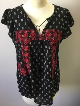 Womens, Top, OLD NAVY, Black, Red, Ecru, Cotton, Polyester, Floral, M, Short Sleeve, Lacing/Ties at Neck, Red Floral Embroidery, Ecru Floral Print All Over,