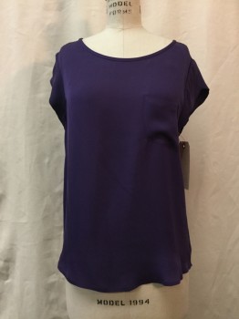 JOIE, Purple, Silk, Solid, Purple, Round Neck,  Short Sleeves, 1 Pocket,