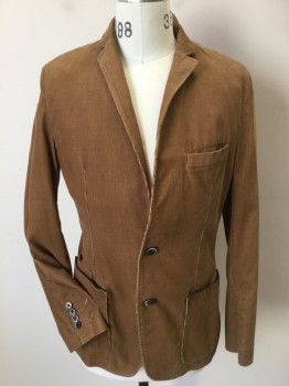 Mens, Sportcoat/Blazer, BOSS, Camel Brown, Gray, Lt Brown, Cotton, Solid, Plaid, 38R, Camel Corduroy with Light Brown/gray Shadow Plaid Lining, Notched Lapel, Single Breasted, 2 Button Front, 3 Pocket with Brown Leather Trim, 2 Side Split Hem