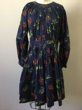 Womens, Dress, Long & 3/4 Sleeve, ULLA JOHNSON, Navy Blue, Multi-color, Cotton, Floral, 4, Navy with Multi Color Floral Print, Accordion Pleated Neck & Waist Line, Flare Bottom, Long Sleeves, Zip Back