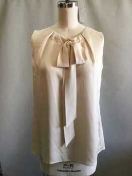 Womens, Shell, TOMMY HILFIGER, Champagne, Polyester, Lycra, Solid, B: 38, S, Jewel Neckline with Self Bow at Front. Faux Hammered Silk Satin. Slit Opening at Back of Neck with Single Button