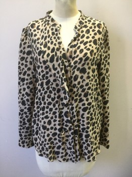 MARELLA, Tan Brown, Black, Brown, Silk, Animal Print, Leopard Print, Button Front, Hidden Placket with Ruffle, Band Collar, Long Sleeves with Gathered Inset