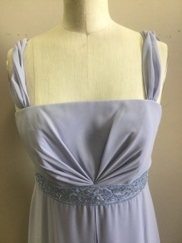 Womens, Evening Gown, MICHAELANGELO, Periwinkle Blue, Polyester, Solid, 2, Poly Chiffon Straps, Square Neck with a Gathered V Detail at Bust, Empire Waist with Light Blue Beading Apllique , Poly Chiffon Overlay with a Front Slit