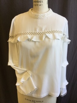 J. CREW, Cream, Polyester, Solid, Connecting Circle Embroidery Lace on Front & Back Crew Neck, 1 Row Across Upper  Chest & Arms and Long Sleeves Hem, 1 Tier of Ruffle on Upper Chest & Arms, and 2 on Sleeves, Key Hole Back with 2 Self Cover Buttons