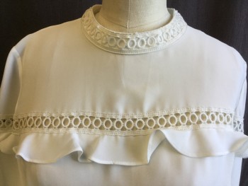 J. CREW, Cream, Polyester, Solid, Connecting Circle Embroidery Lace on Front & Back Crew Neck, 1 Row Across Upper  Chest & Arms and Long Sleeves Hem, 1 Tier of Ruffle on Upper Chest & Arms, and 2 on Sleeves, Key Hole Back with 2 Self Cover Buttons